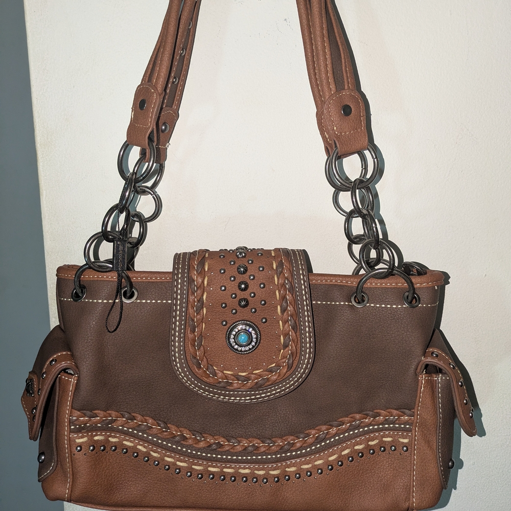 Brown Leather Shoulder Bag with Western Charm